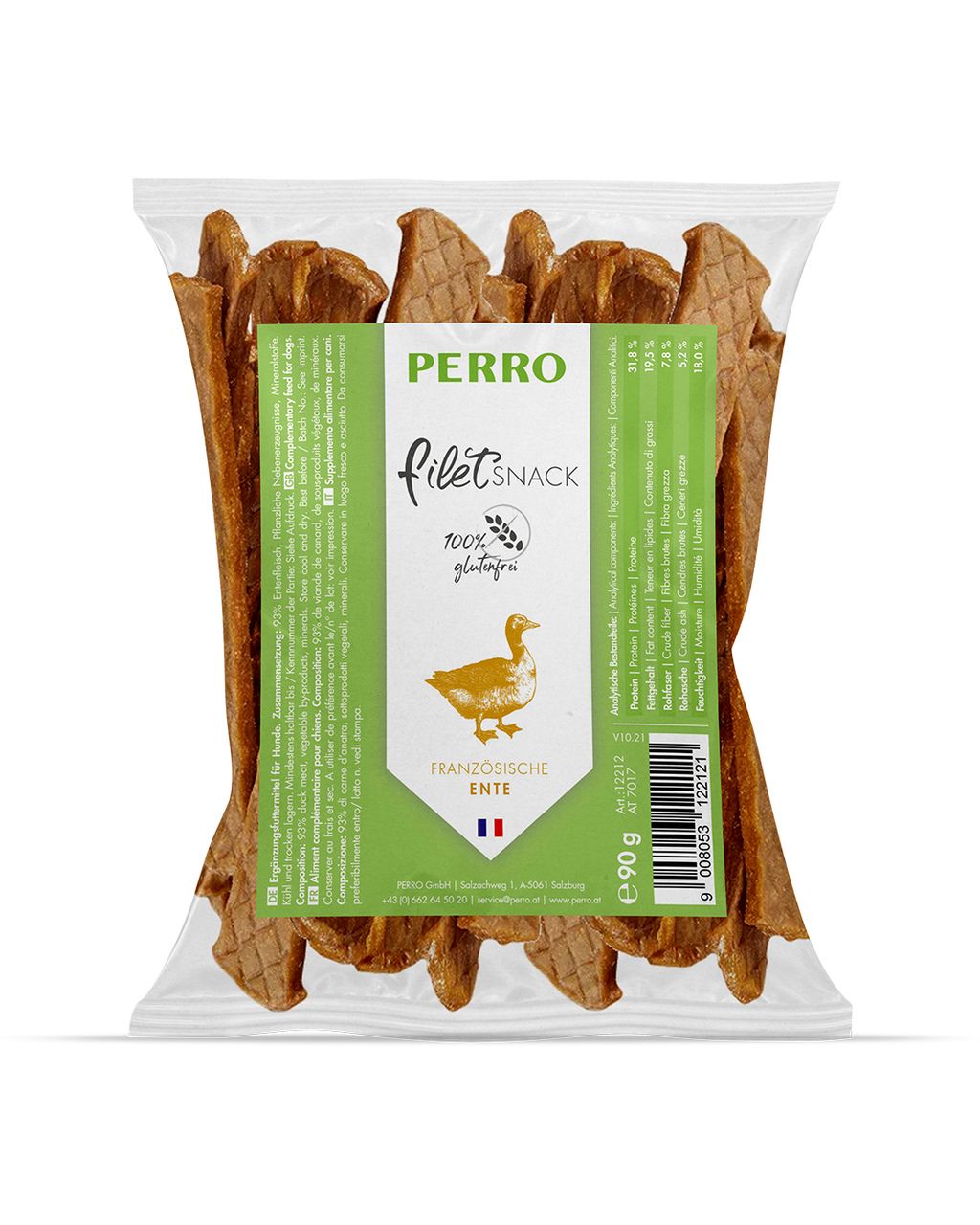 Verpackung mit PERRO Filet Snack, glutenfrei. Ente-Kausnack für Hunde. Sichtbar sind braune, rechteckige Snacks. Aufdruck: Französische Ente, 90g.