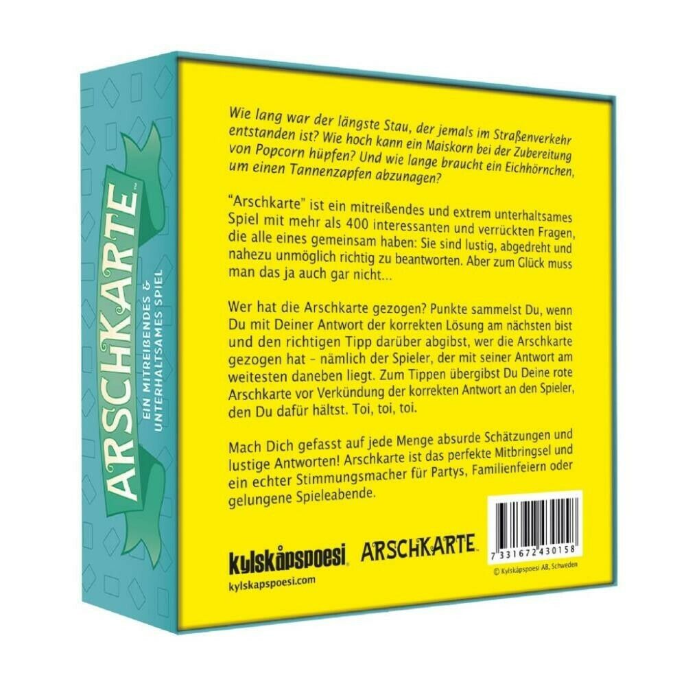 Rückseite der Spielbox "Arschkarte". Text in Deutsch. Enthält Spielbeschreibung und Regeln.