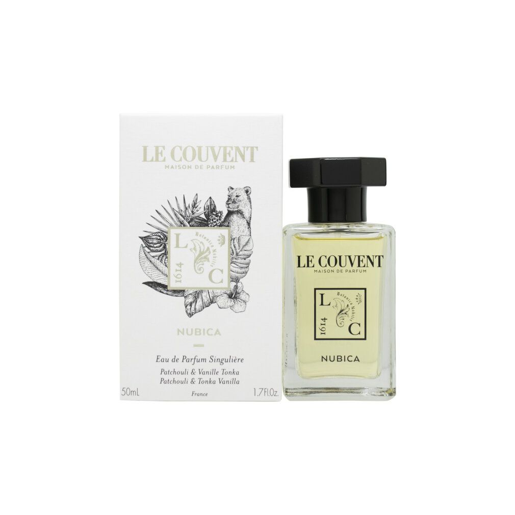 Parfümflakon und Verpackung. Flakon mit schwarzem Deckel. Verpackung mit Logo und Text. Aufschrift: Nubica, Eau de Parfum Singulière. 1.7FL.OZ.