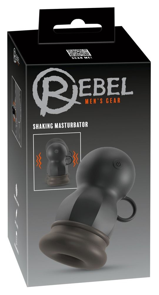 Verpackung mit Produktabbildung. Schwarzes Wellness-Produkt mit Griff. Text: Rebel, Shaking Masturbator.