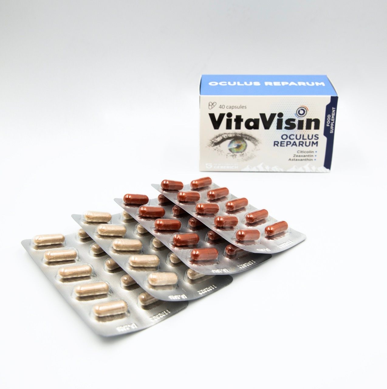 Blister di capsule e scatola VitaVisin. La scatola riporta Oculus Repararum.