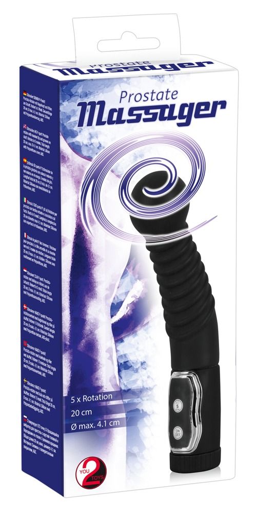 Verpackung mit Massagegerät. Aufdruck: Prostate Massager. Produkt mit geriffeltem Schaft, rundem Kopf und Bedienoberfläche.