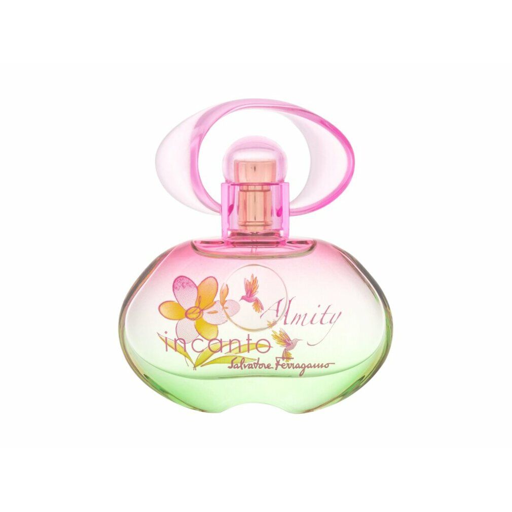 Parfümflakon, rund, rosa-gelb verlaufend. Mit Schriftzug Incanto Amity und floralen Motiven. Rosa Verschluss.