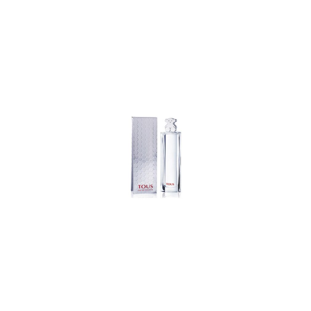 Flakon und Schachtel von Tous Eau De Toilette. Der Flakon ist rechteckig mit einem Bären-Deckel. Die Schachtel ist silberfarben mit Logo.