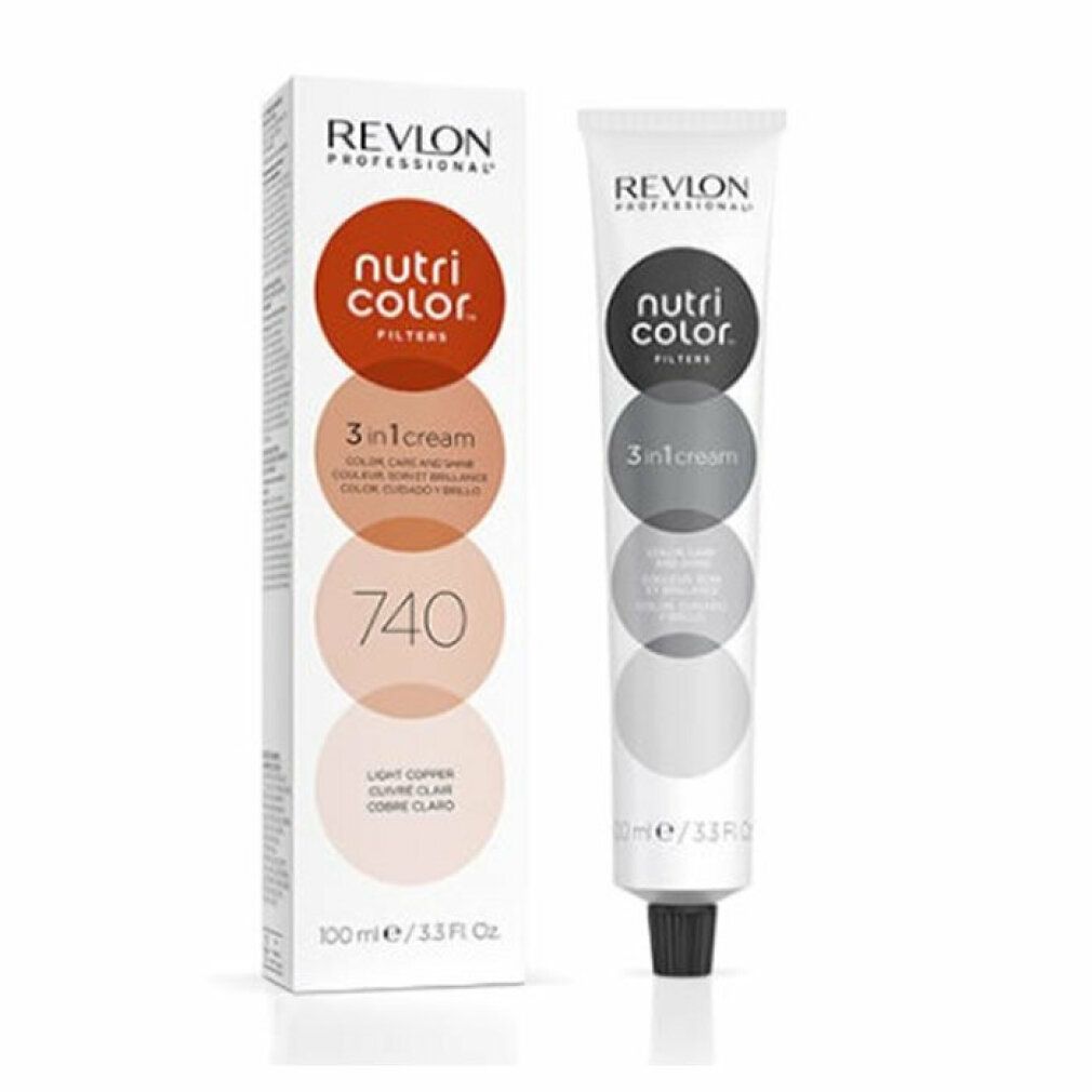 Produktverpackung und Tube. Revlon Nutri Color Filters, 3-in-1-Creme. Farbton 740. Weiße Verpackung.