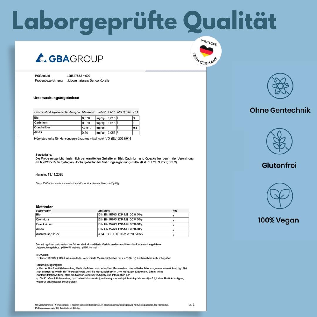 Laborgeprüfte Qualität. Dokument mit Testergebnissen. Text: Ohne Gentechnik, Glutenfrei, 100% Vegan. Logo: We love from Germany.
