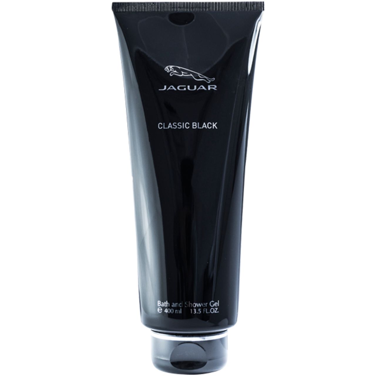 Schwarzes Duschgel in einer Tube. Aufschrift: Jaguar Classic Black. Unten: Bath and Shower Gel.