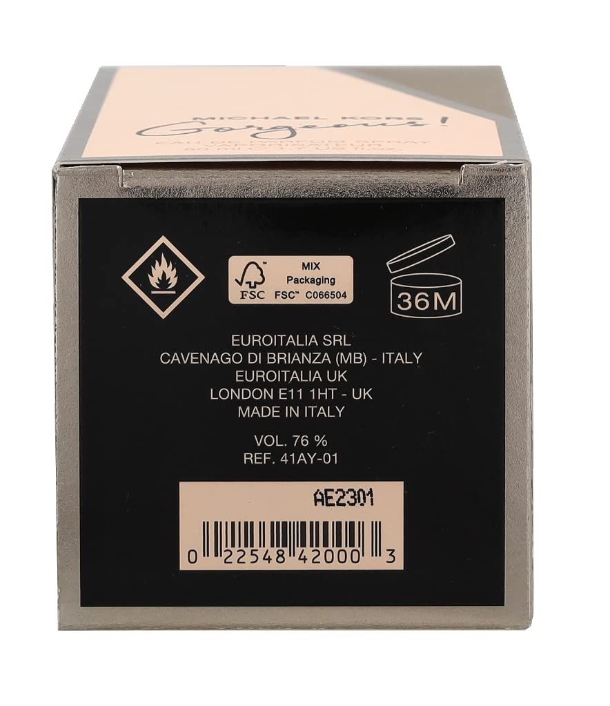 Rückseite der Schachtel von Michael Kors Gorgeous Eau de Parfum Spray. Text mit Informationen, Warnsymbolen und Recycling-Symbolen.