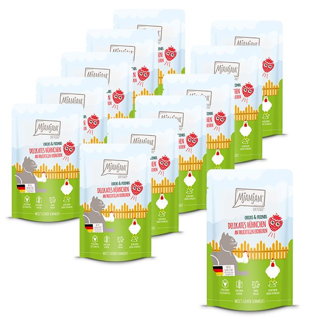 MjAMjAM - Quetschie Chicks & Friends delikates Hühnchen an fruchtigen Erdbeeren 12x125 g Futter