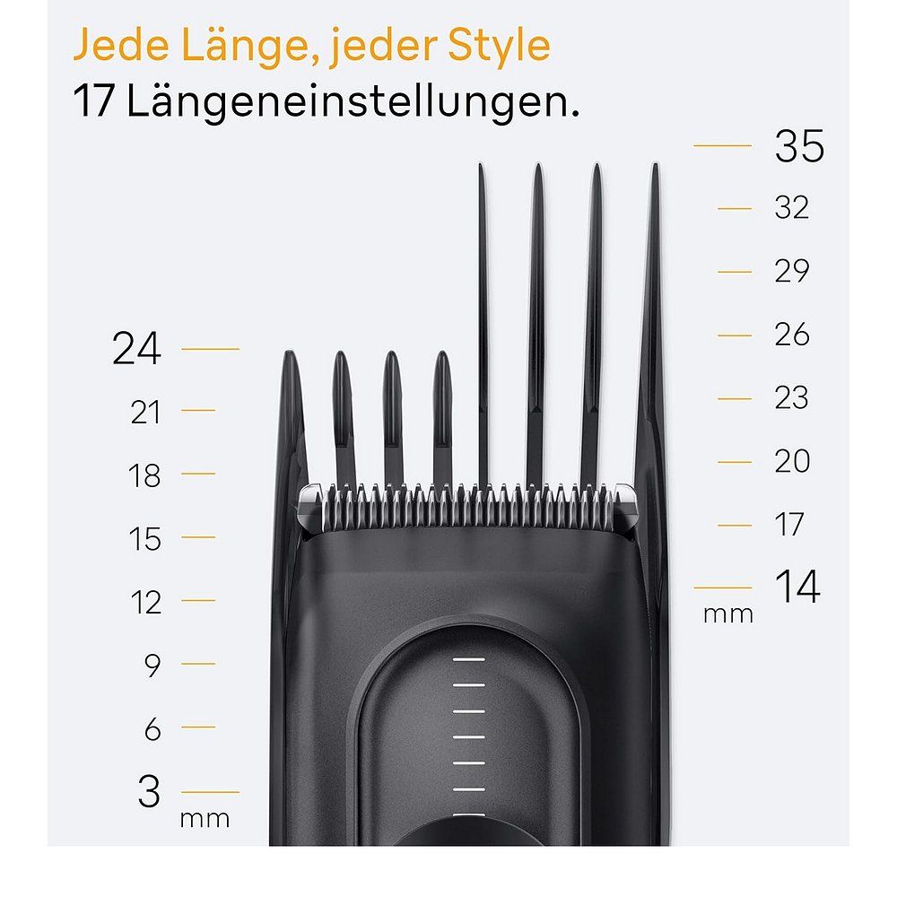 Braun Haarschneider mit 17 Längeneinstellungen, von 3 mm bis 35 mm.