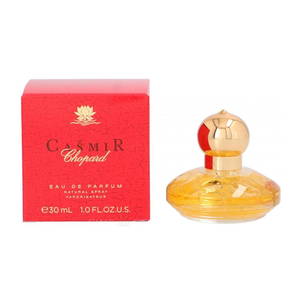Rote Schachtel und gelber Parfümflakon. Auf der Schachtel steht 'Casmir Chopard'.