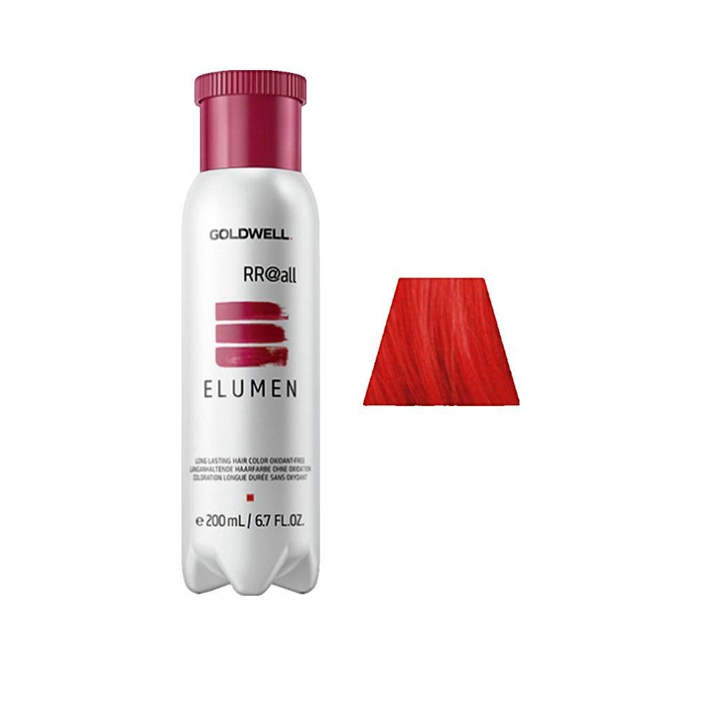 Goldwell Elumen Haarfarbe Flasche mit roter Kappe und Farbmuster. Text: RR@all, Elumen, 200 ml / 6.7 FL.OZ.