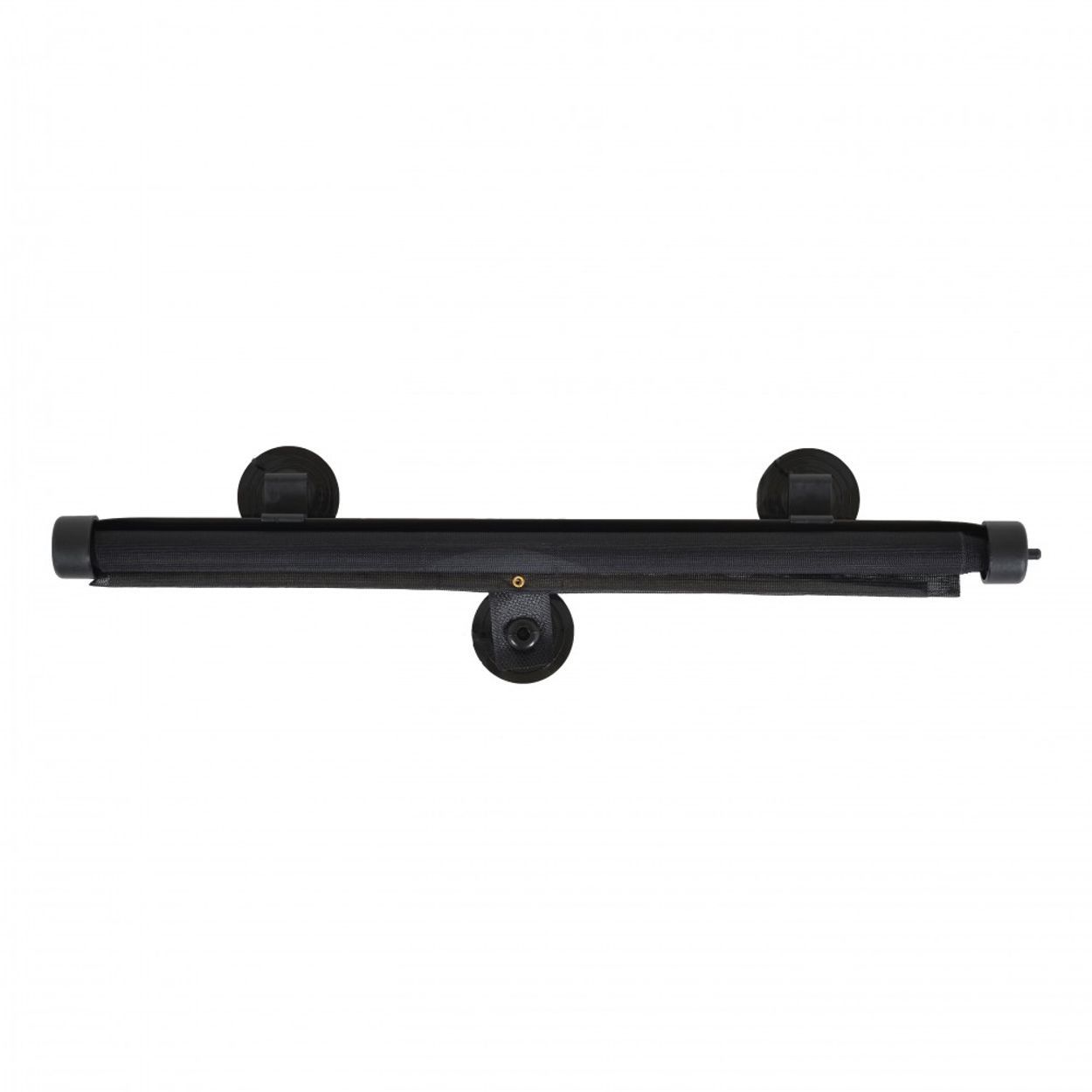 Schwarzer Sonnenschutz-Rollmechanismus mit Saugnäpfen für Autofenster.