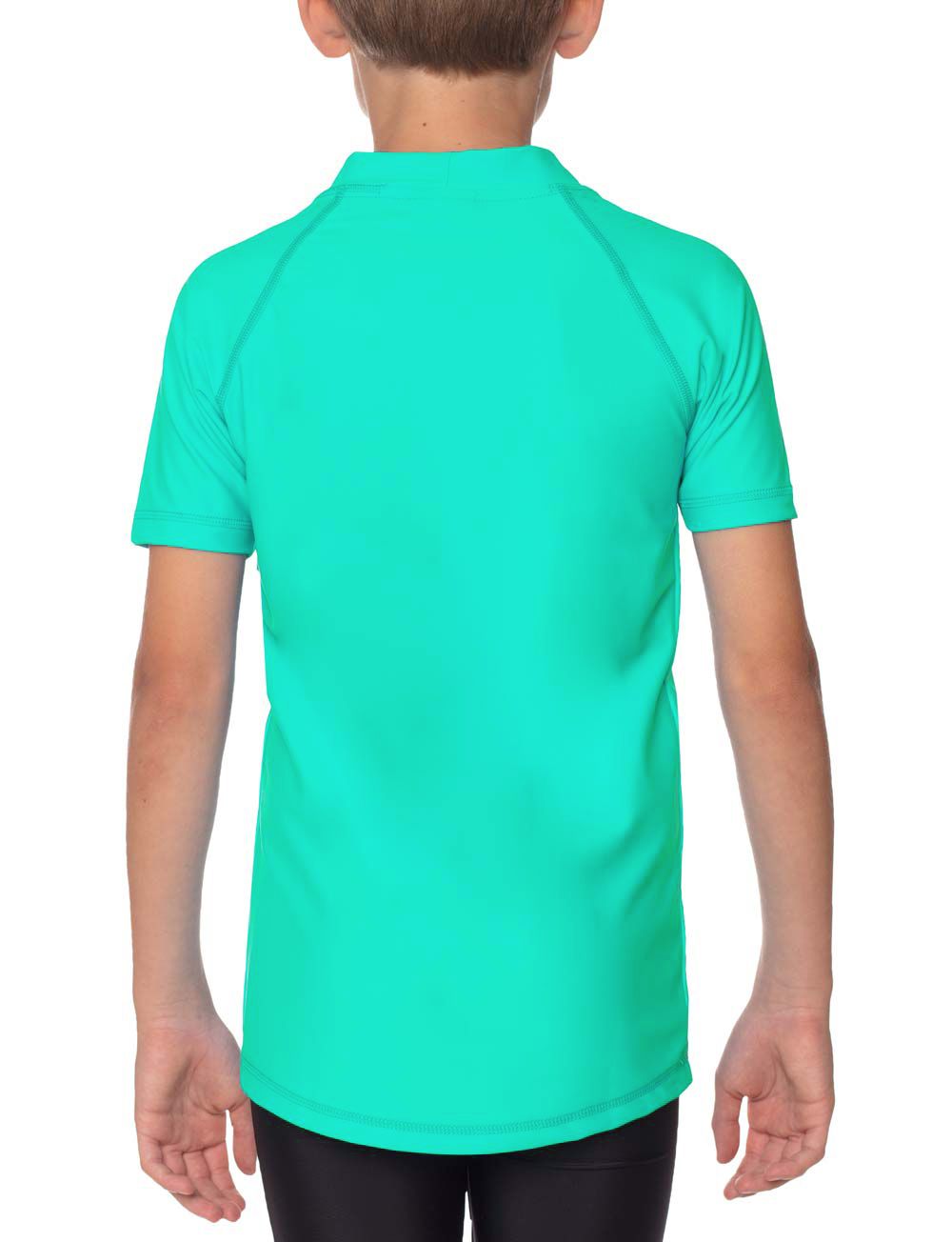 Rückansicht eines türkisfarbenen Kinder-UV-Shirts mit kurzem Arm. Stehkragen. Hellblaue Nähte.