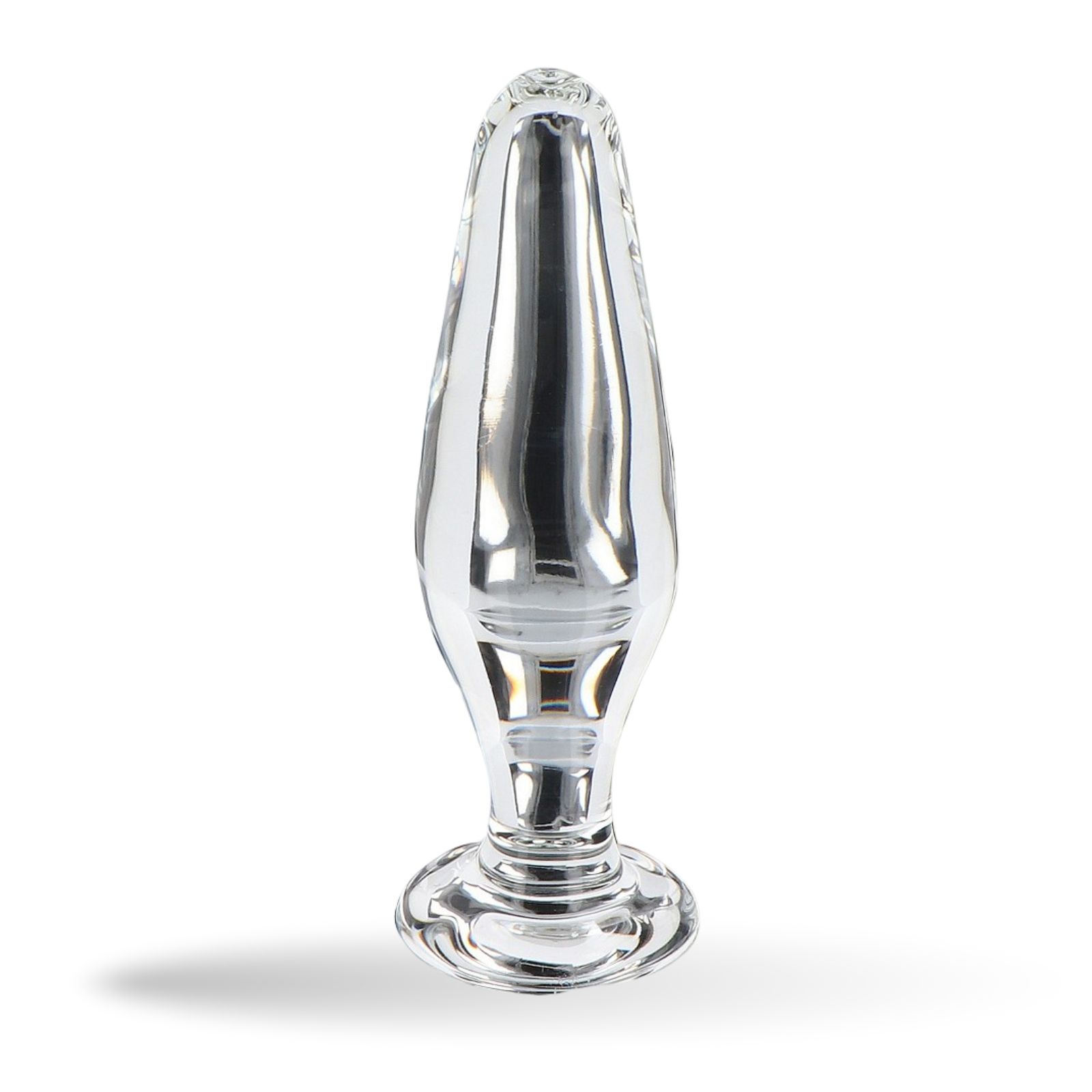 Analplug aus Glas mit konischer Form. Transparentes Glas, breite Basis.