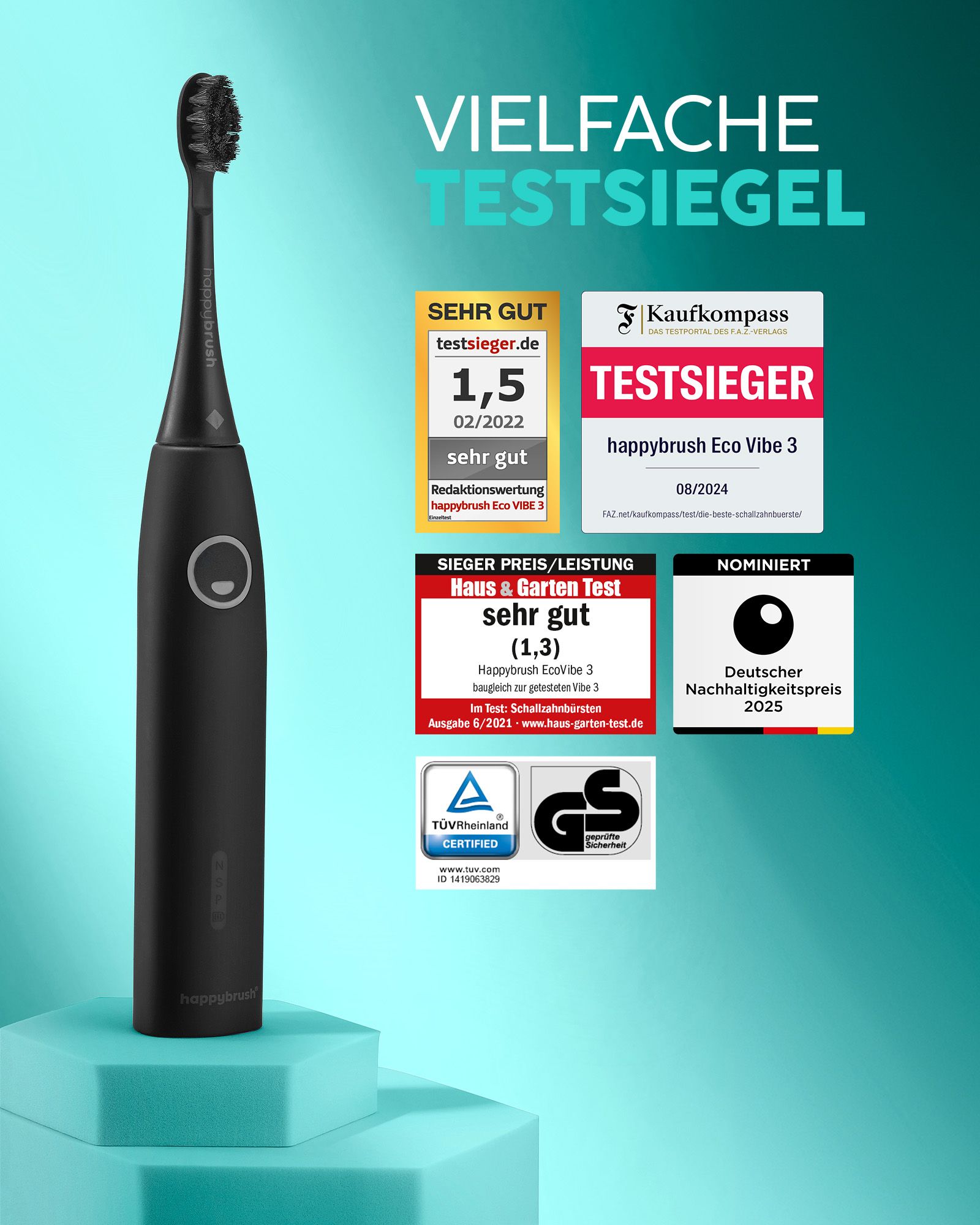 Schwarze Schallzahnbürste. Mehrere Test-Siegel: Sehr Gut, Testsieger, Haus & Garten Test, Deutscher Nachhaltigkeitspreis.