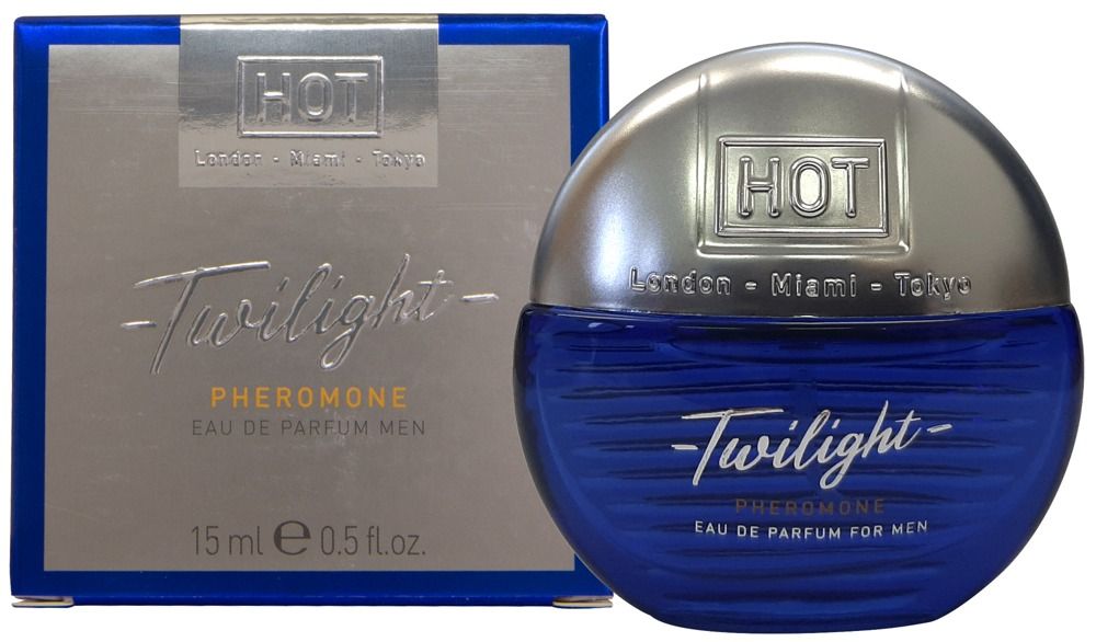 Produkt und Verpackung. Blauer Flakon mit silbernem Deckel. Text: Twilight Pheromone Eau de Parfum for Men.