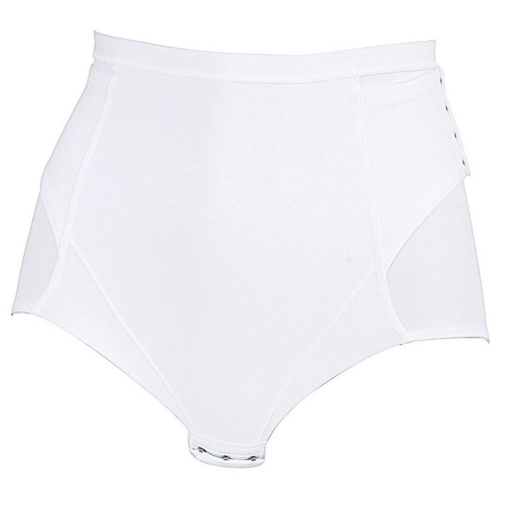 Weiße Miederhose mit hohem Bund und seitlichen Einsätzen.