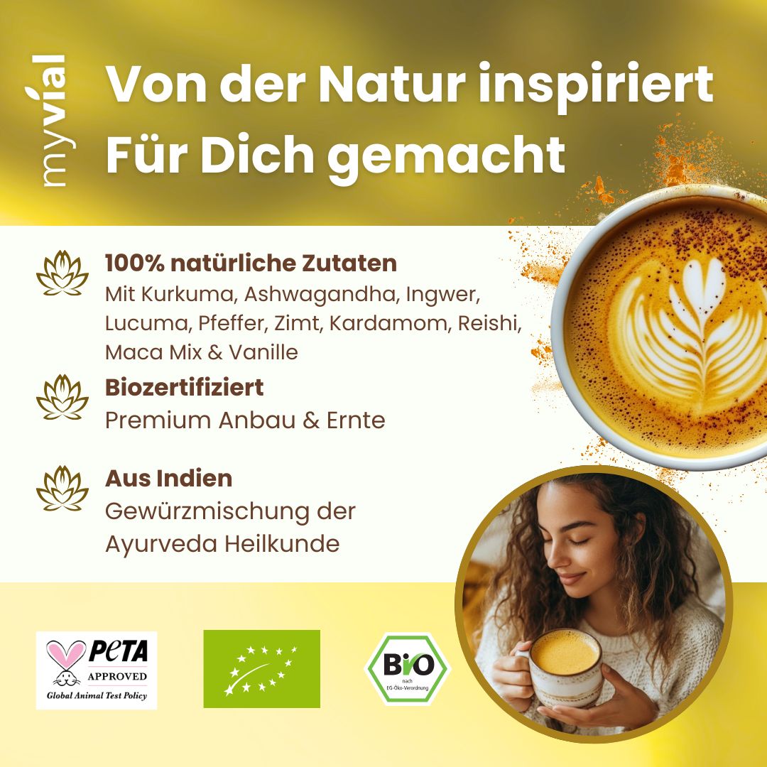 myvial® Bio Goldene Milch Latte - Pulvermischung mit 10 ayurvedischen Superfoods 100 g
