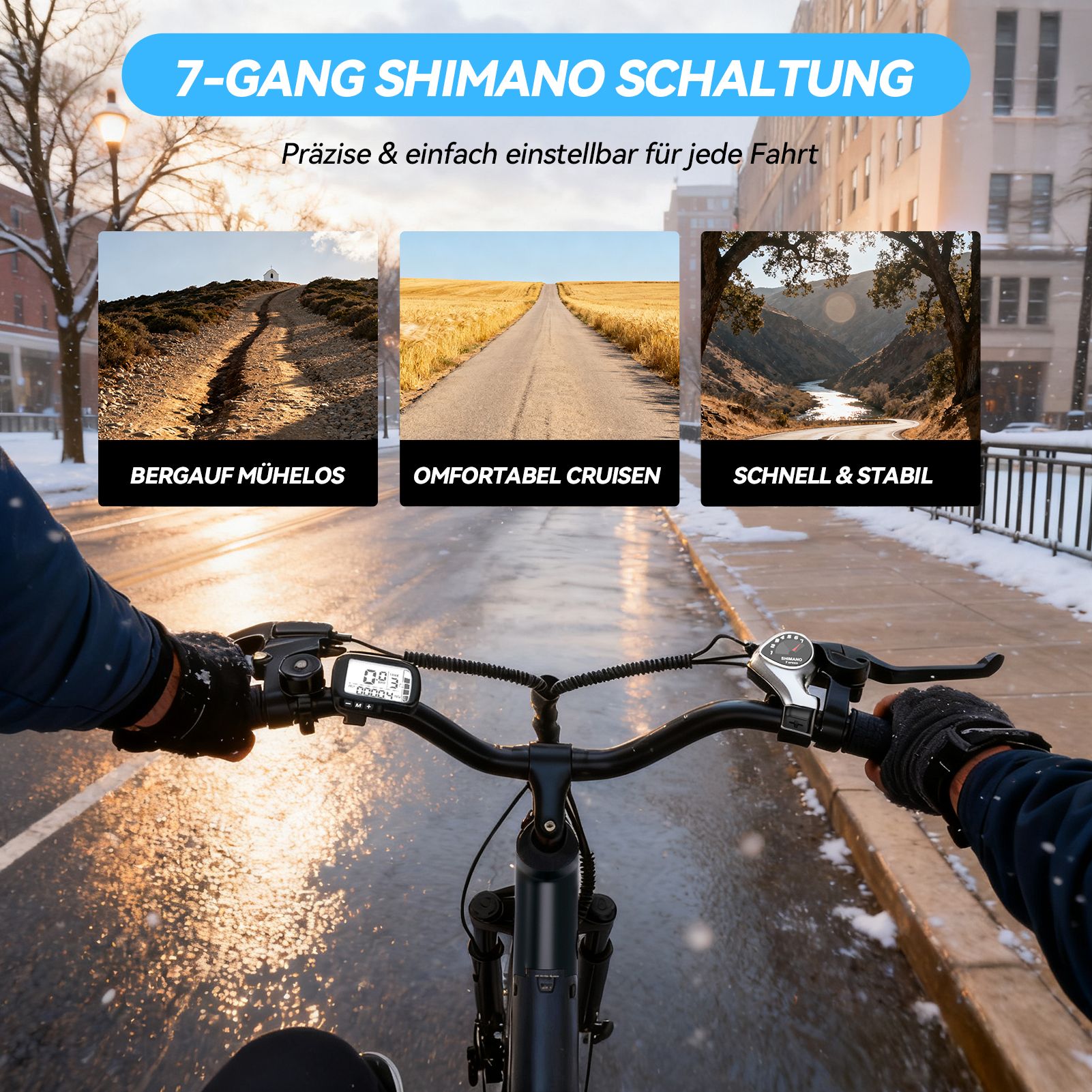 Nahaufnahme des Lenkers eines Elektrofahrrads. Der Text zeigt: 7-Gang Shimano Schaltung. Die Bilder zeigen verschiedene Straßenbedingungen.