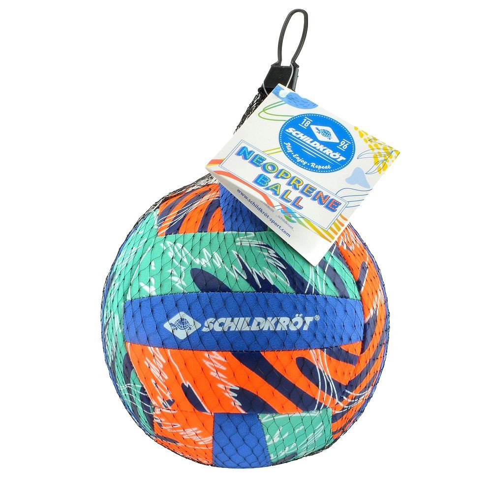 Beachvolleyball Mini 2.0 in Netzverpackung. Mehrfarbiges Design mit Schildkröt-Logo. Neopren-Ball-Etikett.