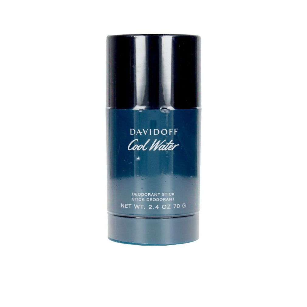 Davidoff Cool Water Deostick. Zylindrische Verpackung, blau-schwarz. Produktname und Gewicht sind sichtbar.