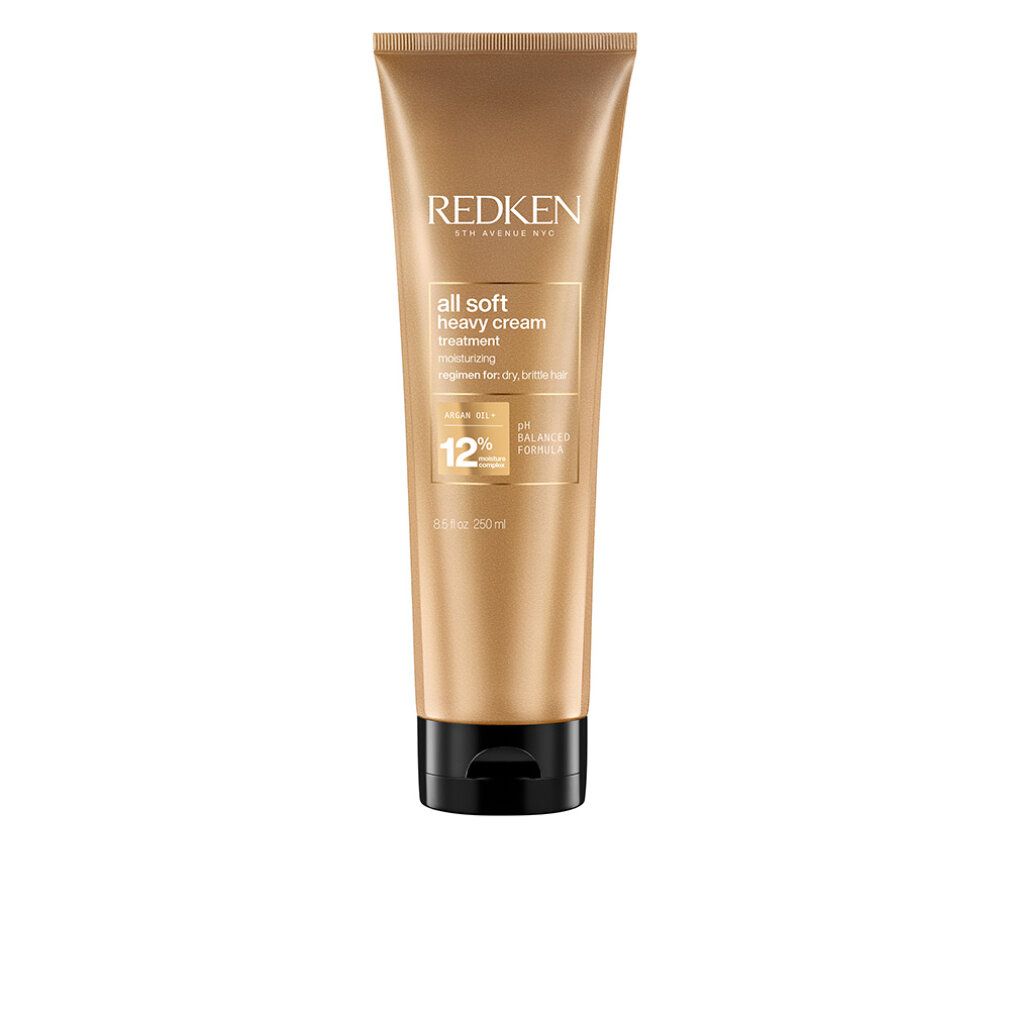Goldfarbene Tube mit schwarzem Deckel. Aufschrift: REDKEN, all soft heavy cream. 12% und pH-Balanced Formula.