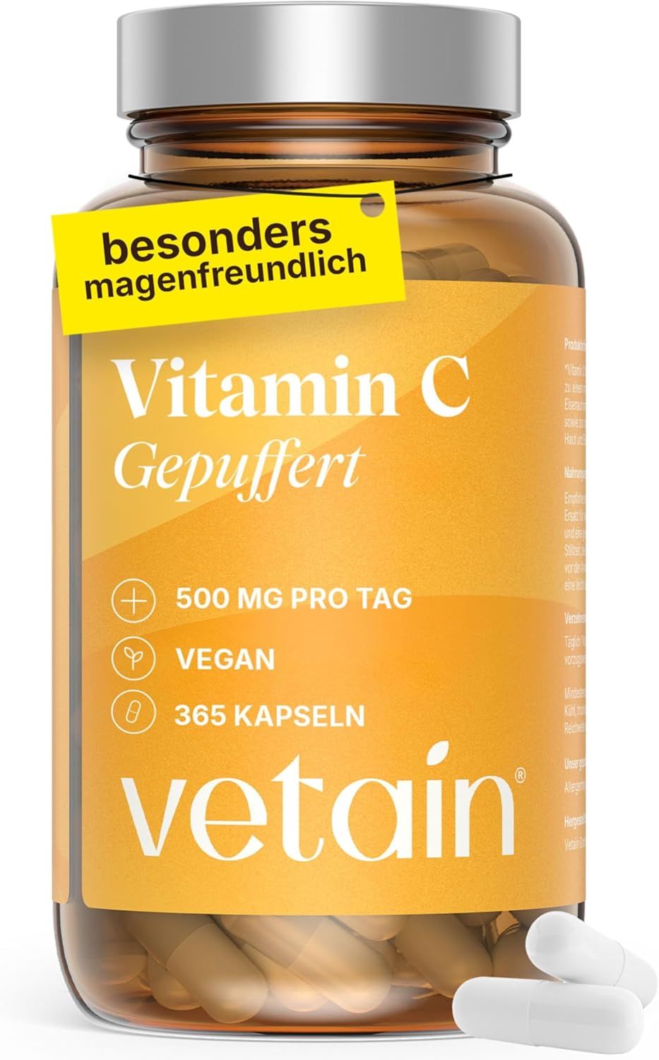 Vetain Vitamin C gepuffert 500mg - säurefreies Calcium pH-neutral, magenschonend & hochdosiert 365 St Kapseln