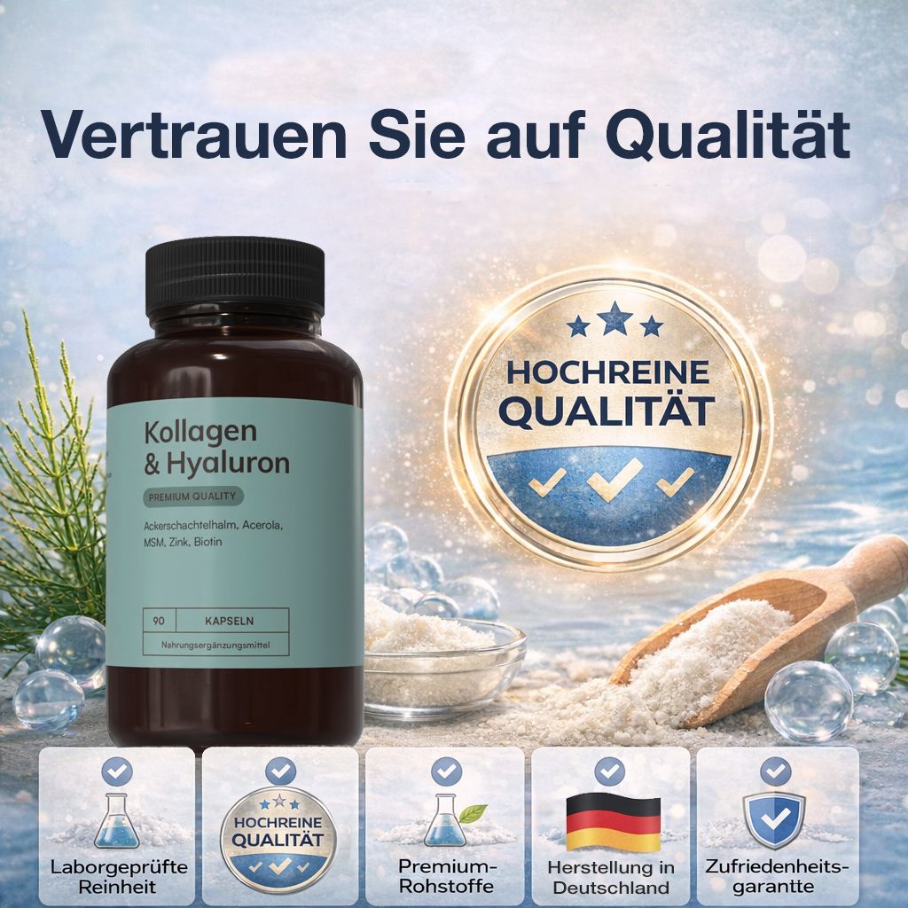 Braune Flasche mit Kapseln. Aufschrift: Kollagen & Hyaluron. Mit Qualitätszeichen und Text: Hochreine Qualität, Made in Germany.