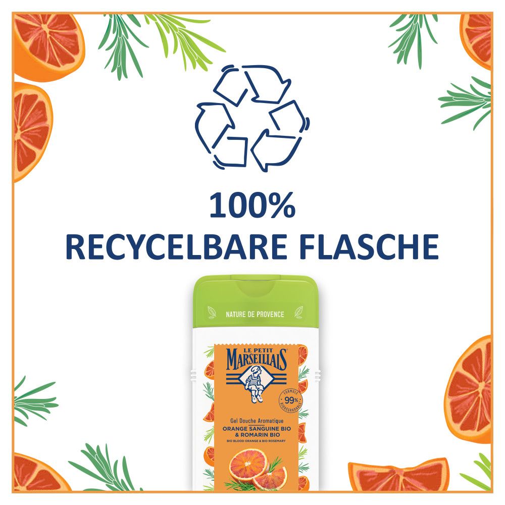 Duschgel-Flasche mit grünem Deckel. Text: 100% recycelbare Flasche. Orangen- und Rosmarin-Illustrationen.