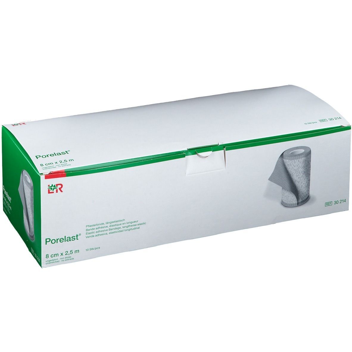 Porelast® Verbandrolle in Verpackung. Größe: 8 cm x 2,5 m. Weißer Karton mit grünem Akzent. Rolle teilweise sichtbar.