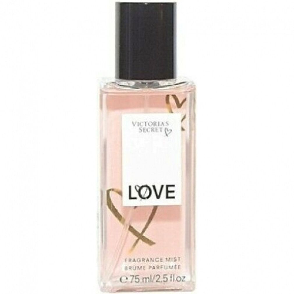 Rosa Flasche mit schwarzem Deckel. Aufschrift: Victoria's Secret, LOVE, Fragrance Mist. Goldene Herz-Grafik.