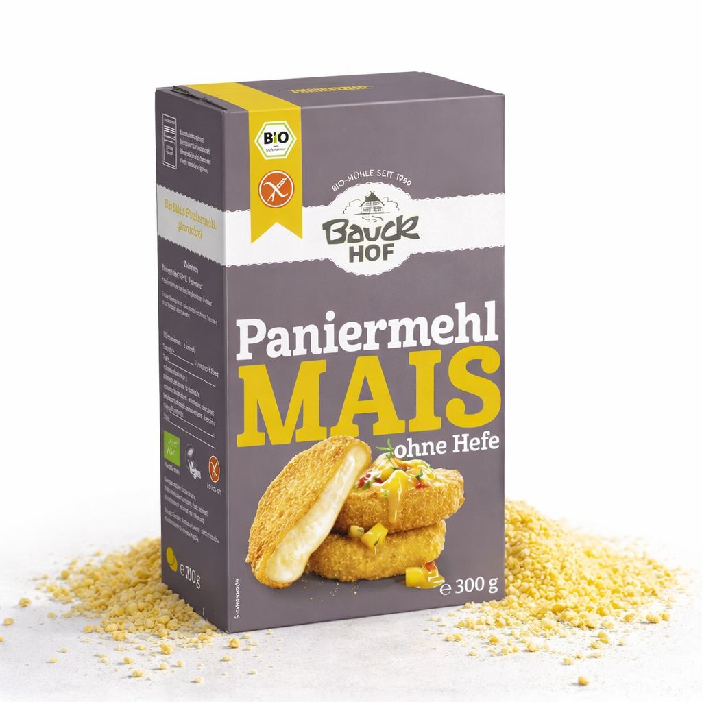 Bauckhof Mais Paniermehl glutenfrei Packung mit panierten Schnitzeln.