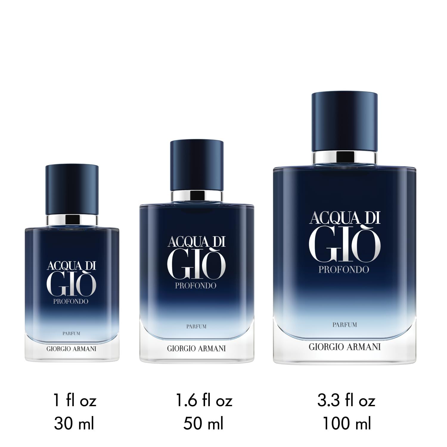 Drei Flaschen: 1 fl oz 30 ml, 1.6 fl oz 50 ml, 3.3 fl oz 100 ml. Text: Acqua di Giò Profondo, Giorgio Armani.