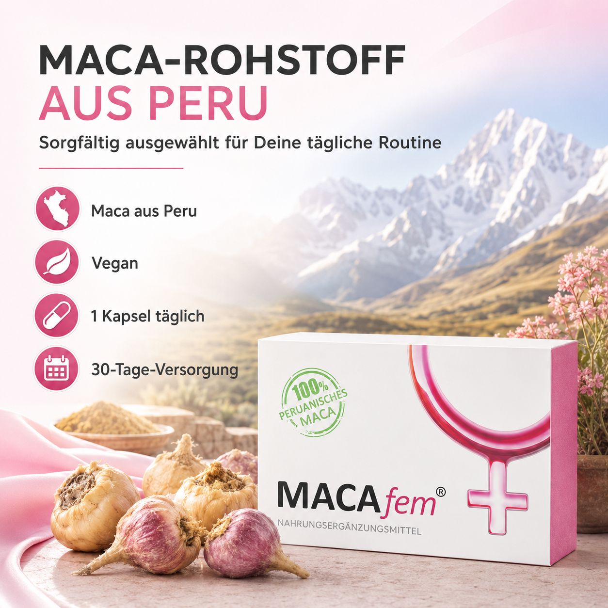 MACAfem Kapseln: 100% peruanisches Maca, 30 Kapseln. Für Frauen.
