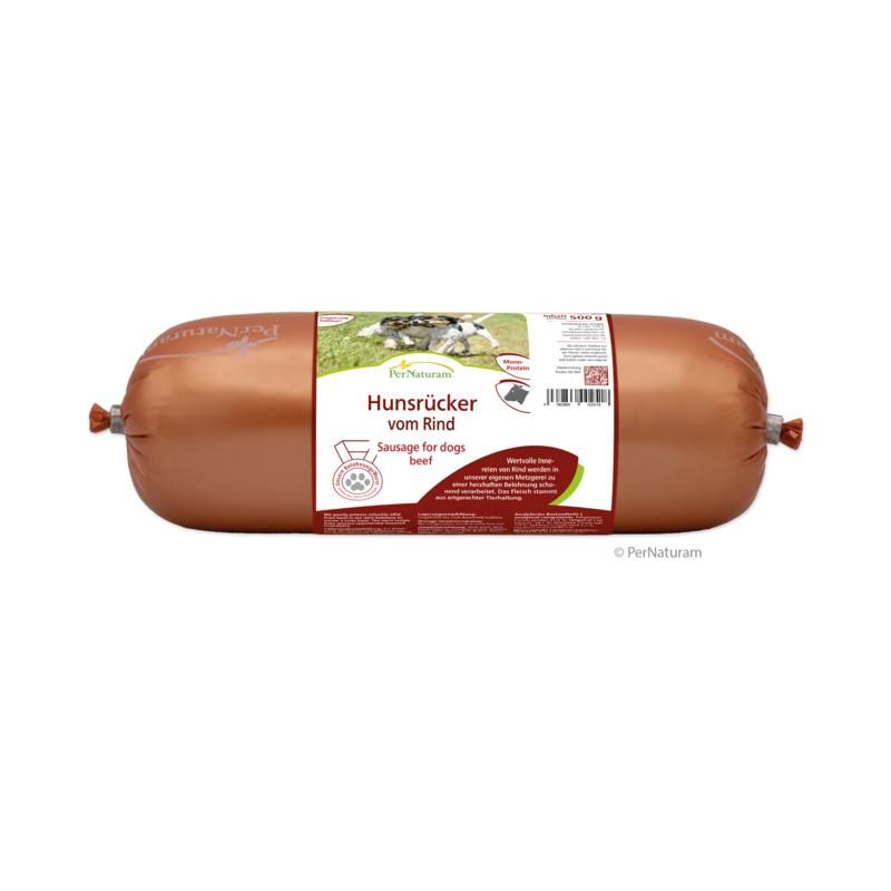 Wurst in brauner Verpackung. Aufschrift: Hunsrücker vom Rind, Sausage for dogs beef. Logo: PerNaturam.