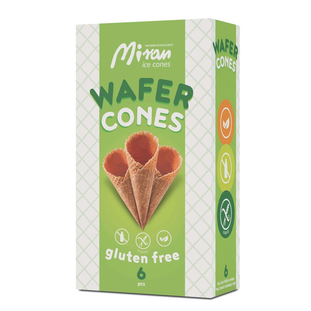 Verpackung mit Waffelhörnchen. Aufschrift "WAFER CONES gluten free". 6 Stück. Grün-weißes Design mit Logo.