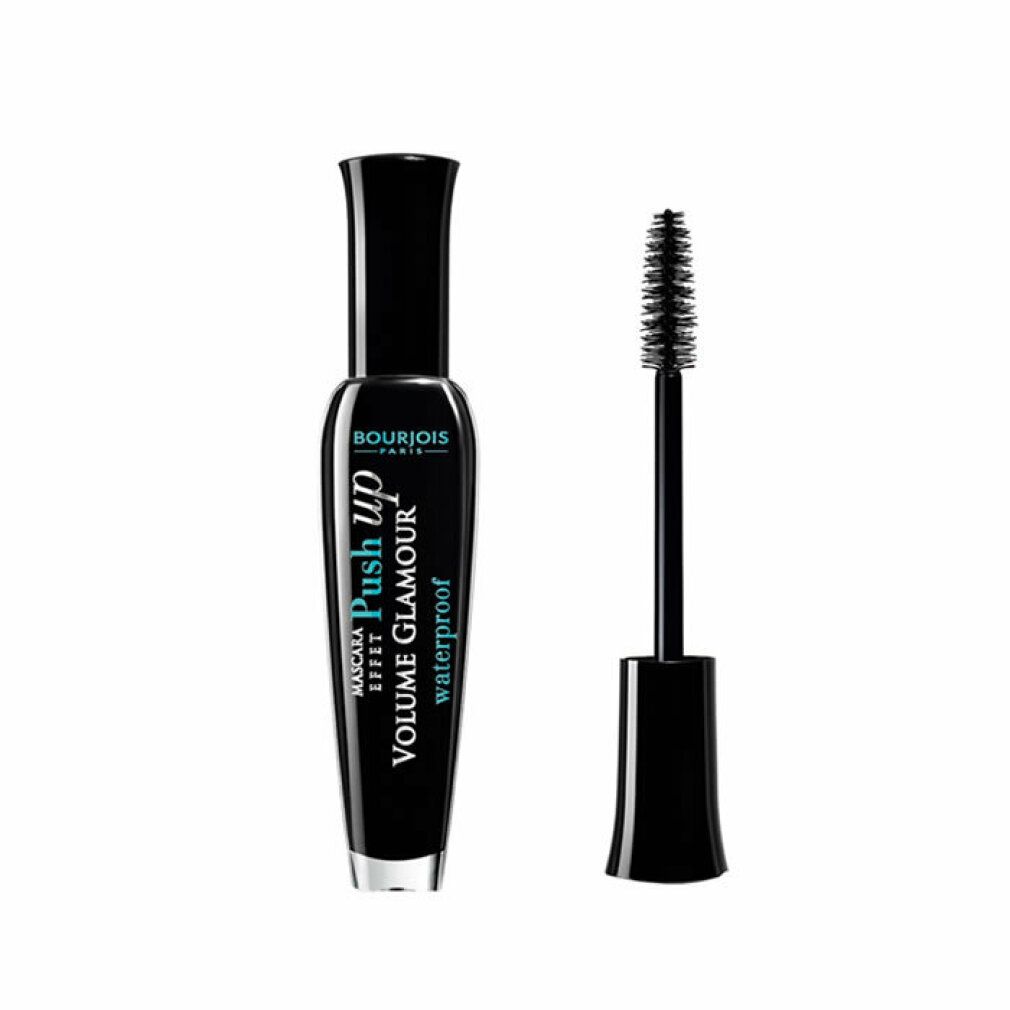 Mascara-Tube mit Bürste. Aufschrift: "Bourjois Push up Volume Glamour Waterproof". Schwarze Farbe.