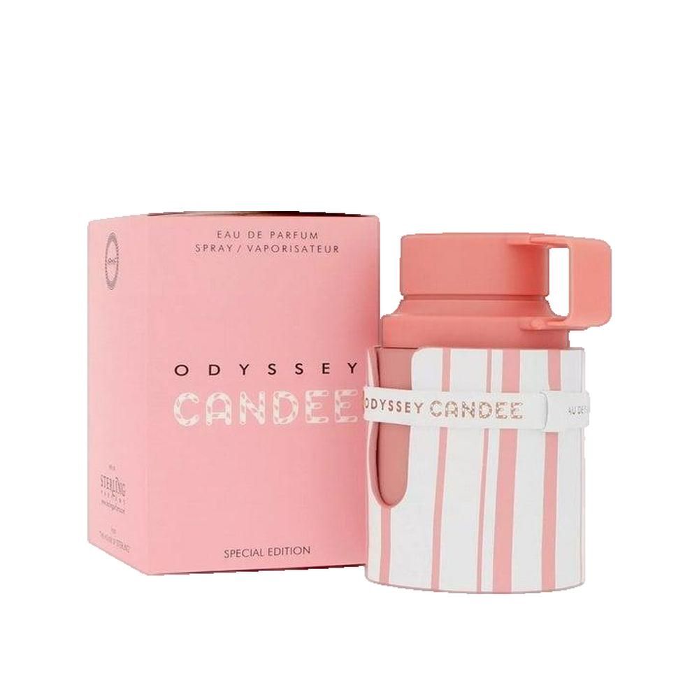 Rosa Flakon mit weiß-rosa Streifen und rosa Deckel. Rosa Verpackung mit Schriftzug "ODYSSEY CANDEE".