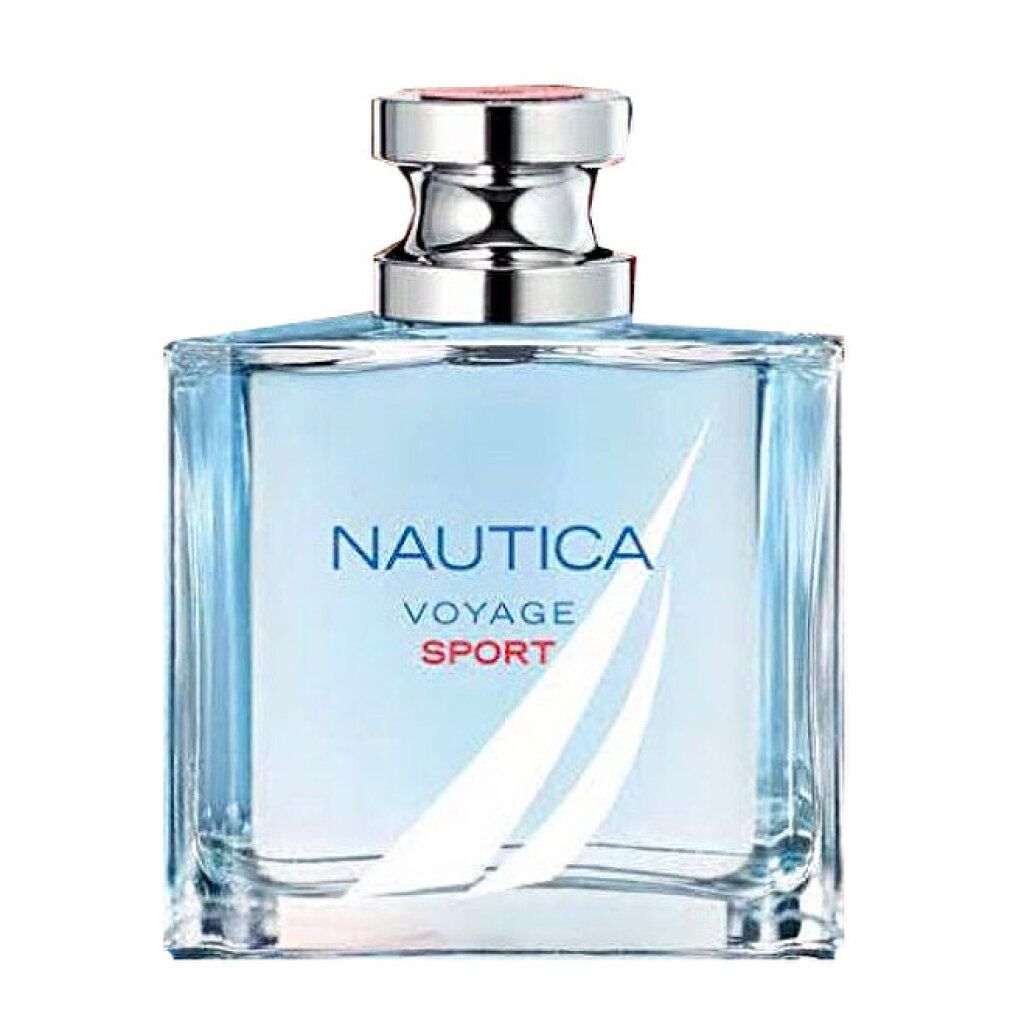 Quadratischer Glasflakon mit blauem Inhalt. Silberner Verschluss. Aufschrift: NAUTICA VOYAGE SPORT.