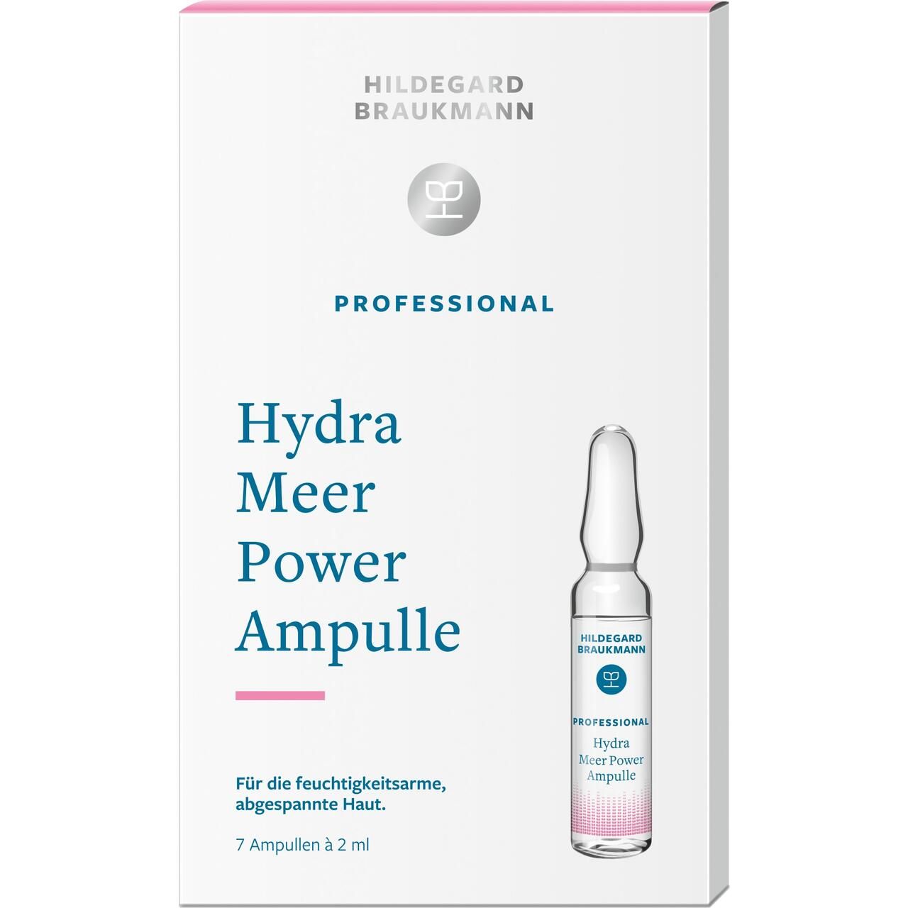 Verpackung mit Ampullen. Aufschrift: Hildegard Braukmann, Professional, Hydra Meer Power Ampulle. 7 Ampullen à 2 ml.