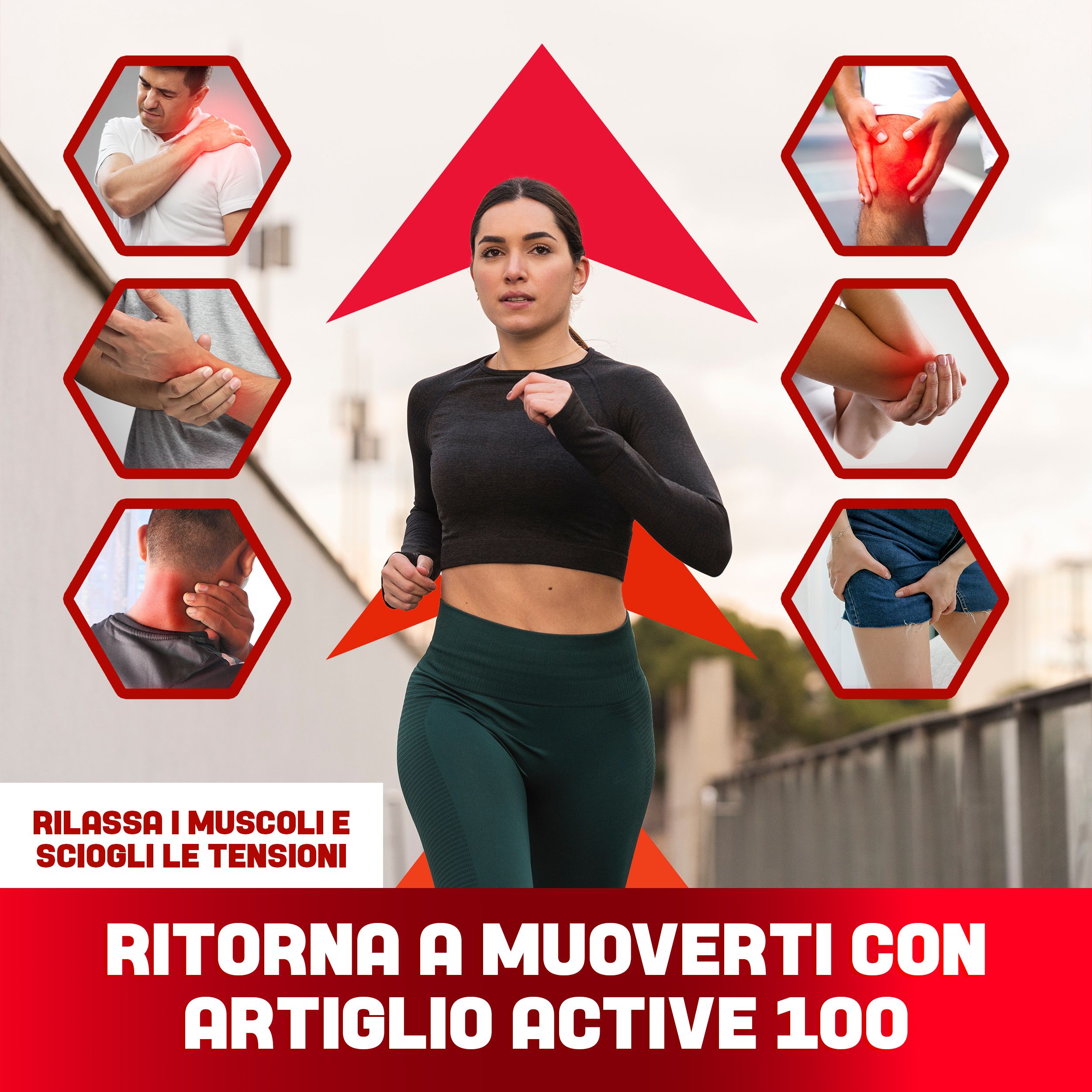 Frau rennt. Rote Pfeil-Grafik. Text: Artiglio ACTIVE 100. Sechs hexagonale Grafiken zeigen Körperbereiche.