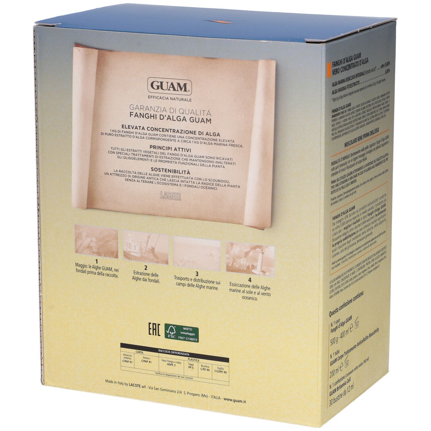 Retro della confezione del prodotto. Testo: GUAM, Garanzia di Qualità, Fanghi d'alga GUAM. Illustrazioni degli ingredienti.