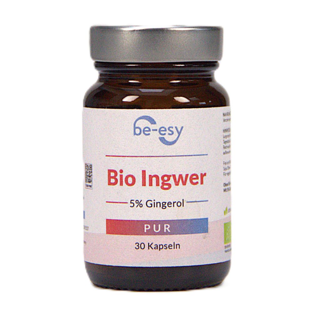 Braune Glasflasche mit silbernem Deckel. Auf dem Etikett steht "be-esy Bio Ingwer", "5% Gingerol", "PUR" und "30 Kapseln".