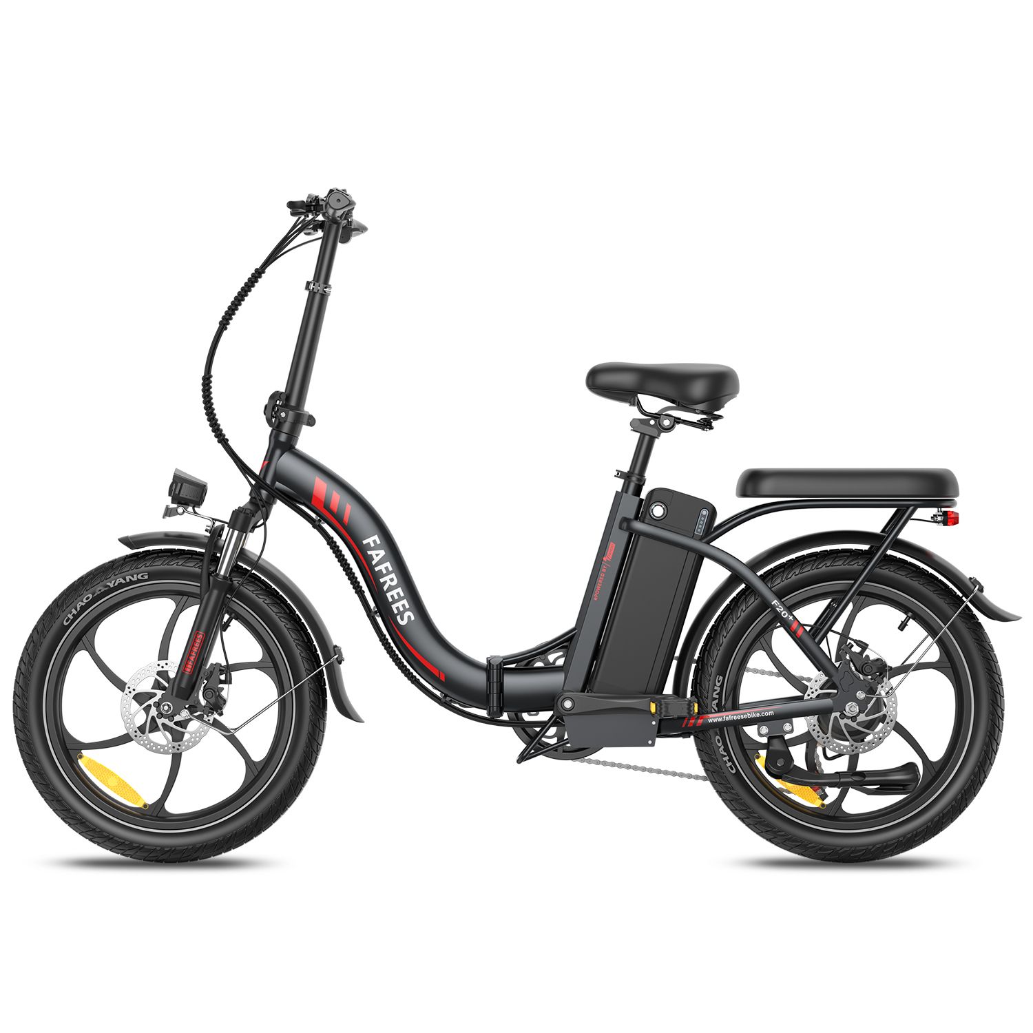 Faltbares E-Bike Fafrees F20+ in Schwarz. Sichtbar: Sattel, Gepäckträger, Akku, Schutzbleche, Felgen mit roter Akzentlinie.