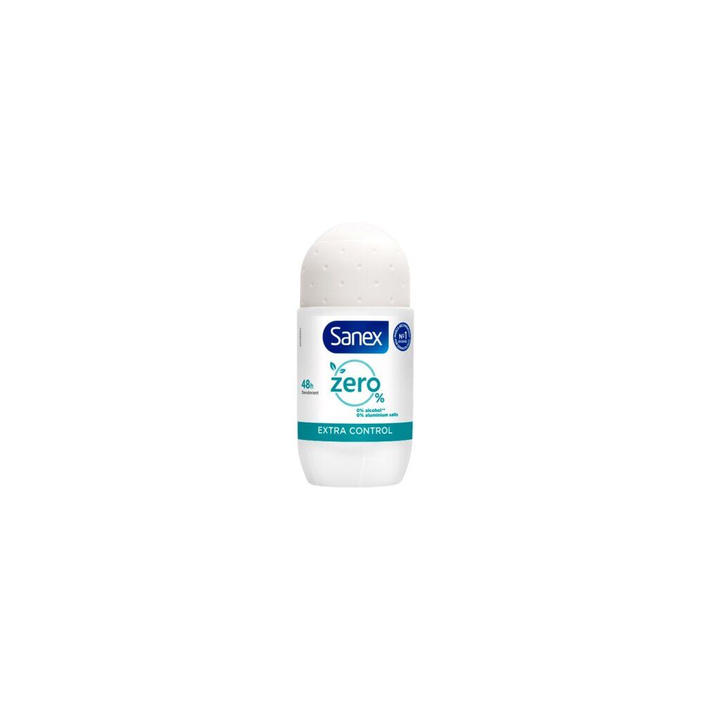 Weißer Roll-on-Deo mit weißem Deckel. Aufschrift: Sanex Zero Extra Control. Grün-weiße Beschriftung. 0% Aluminiumsalze, 0% Alkohol.
