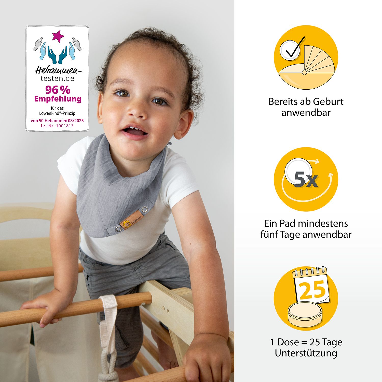 Kind mit Halstuch. Text: Bereits ab Geburt anwendbar. 5 Tage anwendbar. 1 Dose = 25 Tage Unterstützung. Empfehlung.