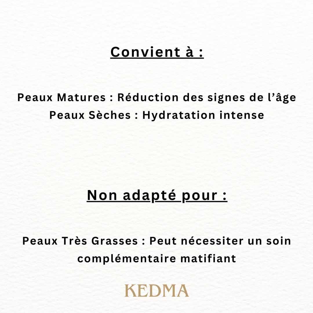 Texte : Convient à : peaux matures, peaux sèches. Non adapté pour : peaux très grasses. KEDMA.