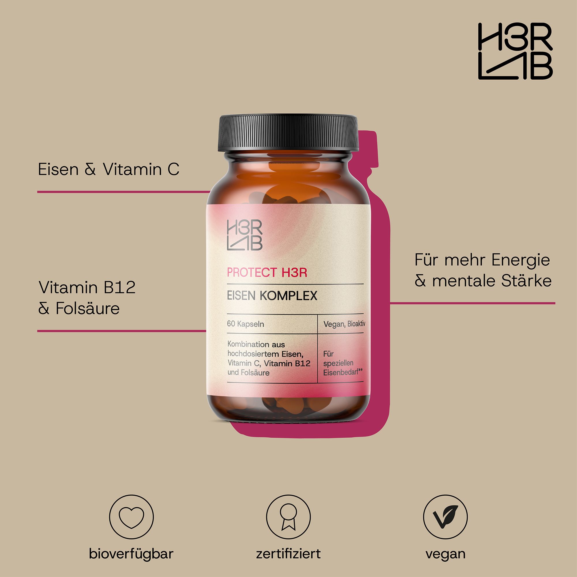 Braune Glasflasche mit schwarzem Deckel. Produktname: Eisen Komplex. Zusätzliche Informationen: Eisen & Vitamin C, Vitamin B12 & Folsäure.