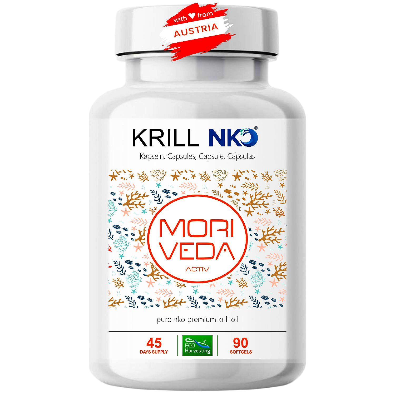 Weiße Flasche mit Kapseln. Aufschrift: Krill NKO, Moriveda Activ. 45 Tage Versorgung, 90 Softgels. Mit Österreich-Siegel.